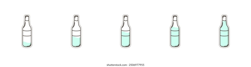 Set of linear bottles vector. Icons set of water bottles. Bottles with filling from minimum to maximum. Bottle stickers vector. Vector illustration.