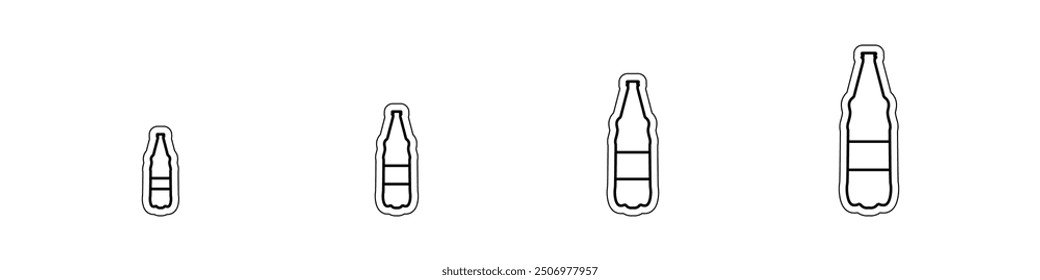 Set of linear bottles vector. Icons set of beer bottles. A set of bottles from smaller to larger. Gradation of bottle sizes. Bottle stickers vector. Vector illustration.