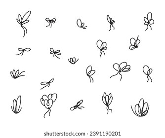 A set of linear bows for gift decoration drawn in pencil. Rope with rope knots in doodle style, simple thin line wedding elements isolated on white background. Vector doodle lines
