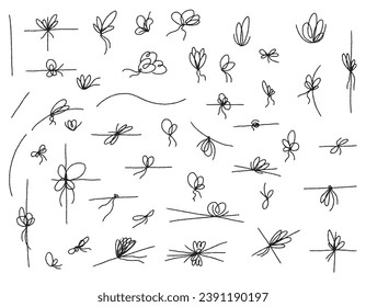 A set of linear bows on a ribbon for decorating a gift, drawn in pencil. Rope with rope knots in doodle style, simple thin line wedding elements isolated on white background. Vector doodle lines