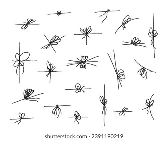 A set of linear bows on a ribbon for decorating a gift, drawn in pencil. Rope with rope knots in doodle style, simple thin line wedding elements isolated on white background. Vector doodle lines
