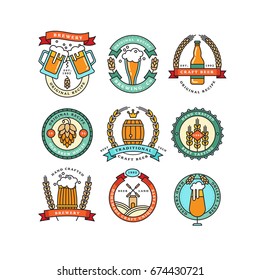 Set of linear brewery logos. Labels with bottles and hops. Vintage craft beer retro design elements, emblems, symbols, and icons or pub labels, badges collection. 
