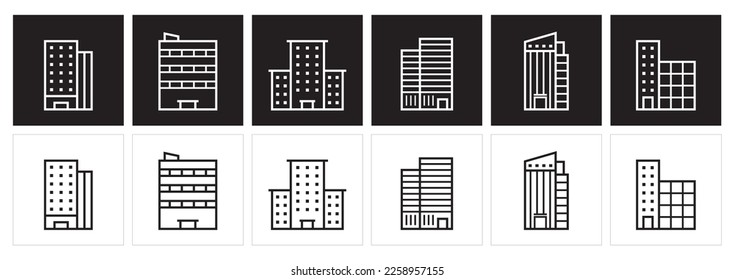 A set of linear building icons. City architecture concept icons. Modern office building pictograms.  
