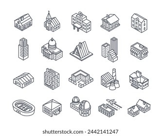 Satz von linearen Gebäudesymbolen. Bearbeitbare Strichzeichen. Kirche, Haus, Hotel, Wolkenkratzer, Museum, Flughafen, Garage, Bank und Krankenhaus. Umriss der isometrischen Vektorsammlung auf weißem Hintergrund