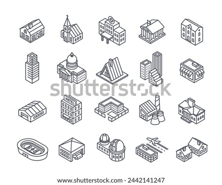 Set of linear Building icons. Editable Stroke Signs. Church, house, hotel, skyscraper, museum, airport, garage, bank and hospital. Outline isometric vector collection isolated on white background