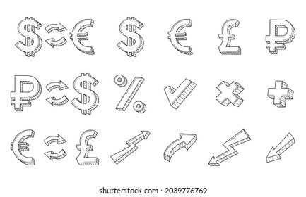 A set of linear business, icons. Currency exchange symbols, ruble, dollar, euro, pound, arrows. The growth and fall of the currency. Hand-drawn black and white vector illustration. Isolated on white.