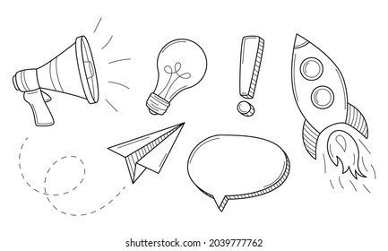 A set of linear business, startup icons. Horn, rocket, light bulb, paper airplane, exclamation mark, speech bubble. Hand-drawn black and white vector illustration. Isolated on a white background.