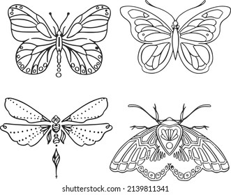 Set of linear butterflies monochrome vector illustration