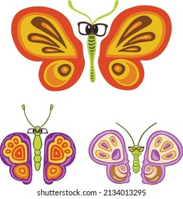 Set linear butterfly bright colored childish cartoon style vector illustration