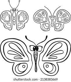 Set linear butterfly monochrome cartoon style vector illustration