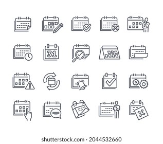Conjunto de iconos esenciales relacionados con el calendario lineal en el fondo blanco. Concepto de cita, configuración de fecha, elementos del programa de trabajo. Ilustración vectorial de dibujos animados planos