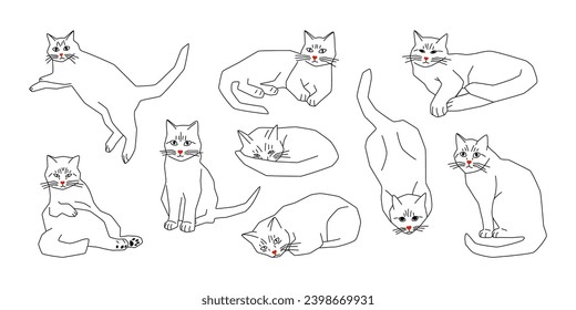 Set of linear cats cartoon style. Cute cat animals characters for a coloring book, modern design collection. Vector illustration