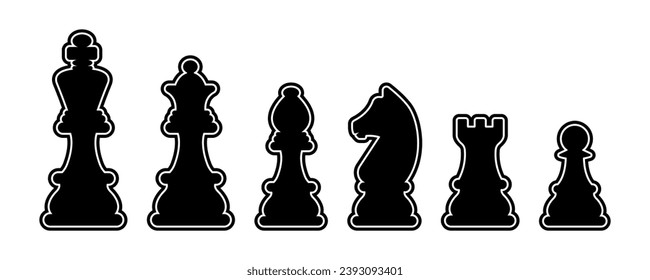 Set of linear chess vector icons. Black silhouette with chess. King, queen, pawn, horse and rook.