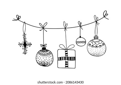 A set of linear Christmas decorations on a string, a banner of Christmas toys, Christmas balls, snowflakes and a Christmas tree, a vector illustration in the doodle style.