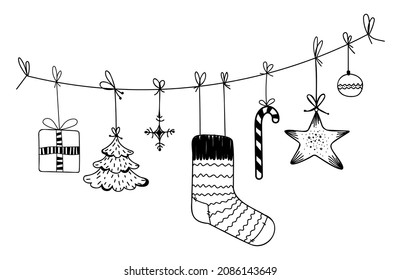 A set of linear Christmas decorations on a string, a banner of Christmas toys, Christmas balls, snowflakes and a Christmas tree, a vector illustration in the doodle style.