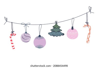 A set of linear Christmas decorations on a string, a banner of Christmas toys, Christmas balls, snowflakes and a Christmas tree, a vector illustration in the doodle style.