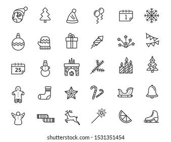 Conjunto de iconos lineales de Navidad. Iconos de Año Nuevo en diseño simple. Ilustración del vector