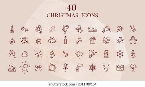 A set of linear Christmas icons. New Year symbols.