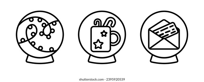 Set of linear Christmas icons in a snow globe. New Year logos, transparent background. A garland, a letter to Santa Claus and a cup of warm cocoa.