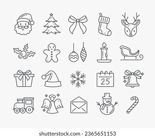 Un conjunto de iconos lineales de Navidad y Año Nuevo. Esquema de trazo editable