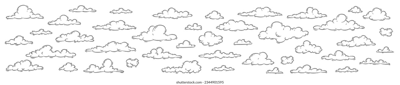 Set of linear clouds in doodle style. Vector illustration isolated on white background