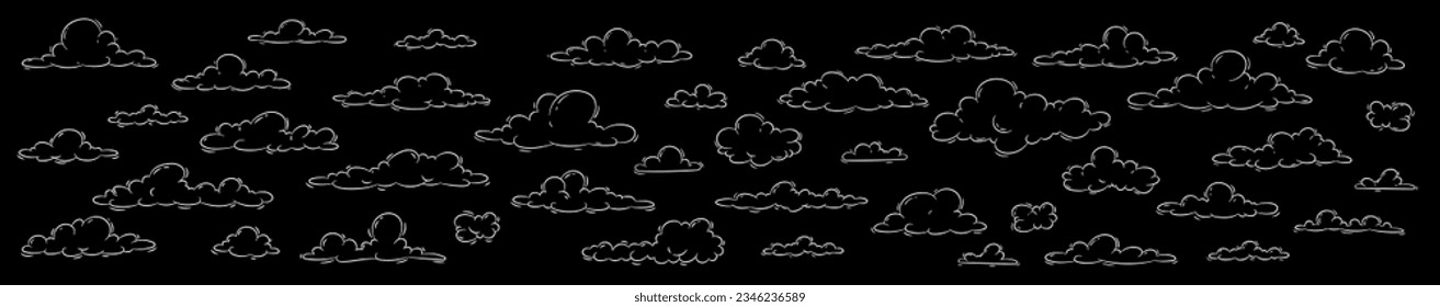 Set of linear clouds in doodle style. Vector illustration isolated on black background