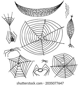 Set of linear cobwebs and spiders on a white background. Stock illustrations for the design of Halloween cards, flyers for the mystical holiday.
Spider's nest in vector format in doodle style.