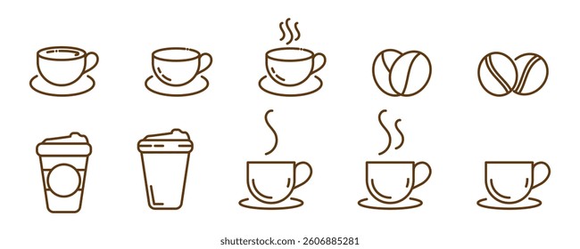 Set of linear coffee cup icons isolated on transparent background. Cup with saucer and steam, coffee beans line icons.  