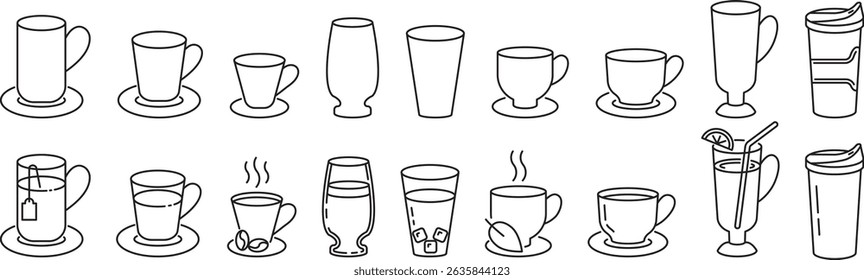 Set of linear coffee and tea cup icons. Cup line icon set. Tea, drinks, cocoa, cup, coffee. Cup sings for design. Linear icons for hot drinks. Hot beverages icons set. Editable Stroke.