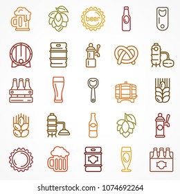 Set of linear color beer icons isolated on white, for craft brewery. Vector illustration.