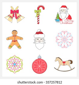 Set of Linear Color Christmas Icons, Holiday Jingle Bells, Santa Claus , Rocking Horse, Cookie Gingerbread,Striped Candy Cane  with Bow, Christmas Ball with Snowflake ,  Snowflake, Vector Illustration
