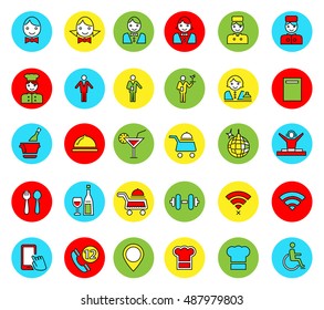 Set of linear colored icons of restaurant items