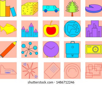 Set of linear, colored icons. Vector. Books, cheese, car, tree, diagram, fish, house, apple, ball, pencil, clock, bag, camera, plane, stars.