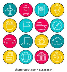 The set of linear colored simple icons for travel and tourism. Colored emblems with signs of visual communication.