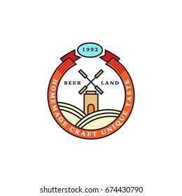 Set of linear colorful brewery logos. Labels with mill and ribbon. Vintage craft beer retro design elements, emblems, symbols, and icons or pub labels, badges collection. 