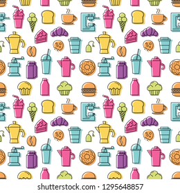 Set of linear colorful icons for coffee shop pattern seamless with White Background.  Vector illustration. 