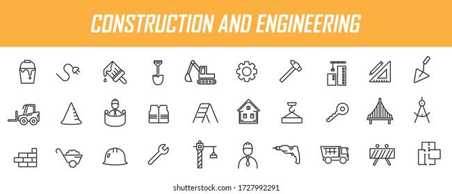 Set of linear construction icons. Engineering icons in simple design. Vector illustration