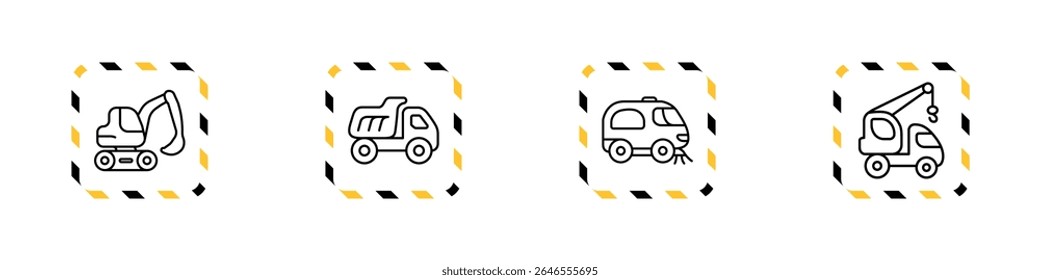 Conjunto de construção linear e ícones de veículos utilitários. caminhões de descarga, escavadoras, misturadores de cimento, tratores, carregadoras, vassouras de rua, elevadores aéreos