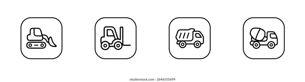 Set of linear construction and utility vehicle icons. dump trucks, excavators, cement mixers, tractors, loaders, street sweepers, aerial lifts