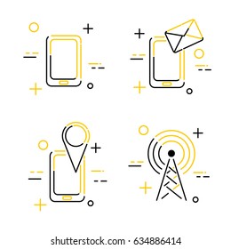 Set of linear creative icons for mobile communication. E-mail, navigator, transmitting antenna. Vector illustration