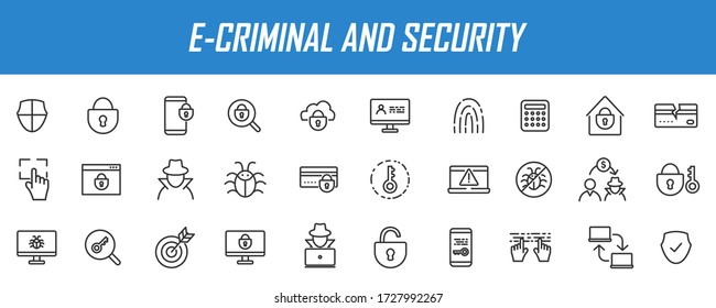 Conjunto de íconos criminales lineales. Iconos de seguridad en un diseño sencillo. Ilustración del vector