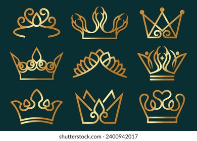 Set of linear crown icons . Royal, luxury symbol . King and queen abstract logo design . Vector illustration