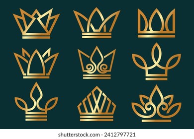 Conjunto de iconos de la corona lineales . Real, símbolo de lujo. King, diseño de logotipo geométrico abstracto de reina. ilustración vectorial