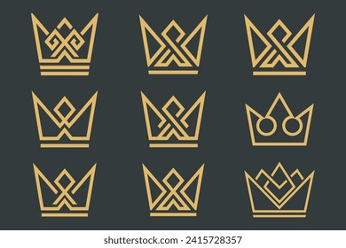 Set of linear crown icons. Royal, luxury symbol. King and queen abstract geometric logo design .Vector illustration