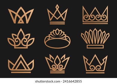 Conjunto de iconos de la corona lineales . Real, símbolo de lujo. King, diseño de logotipo geométrico abstracto de reina. ilustración vectorial