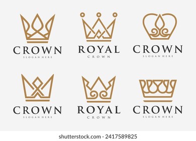 Set of linear crown icons. Royal, luxury symbol. King, queen abstract geometric logo design . Vector illustration 