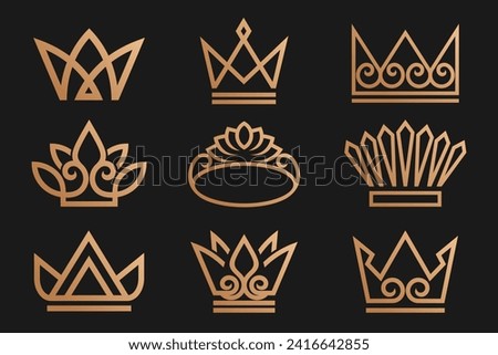 Set of linear crown icons . Royal, luxury symbol. King, queen abstract geometric logo design . vector illustration