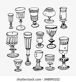 Set of  linear crystal  glasses. Hand drawn background. Adult colored book.
