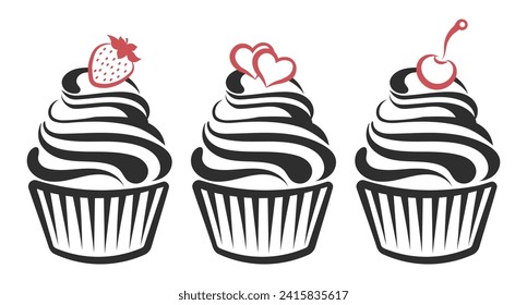 Conjunto de siluetas de quequitos lineales, líneas de arte, clipart aislado sobre fondo blanco. Postres dulces. Ilustración alimentaria, vector
