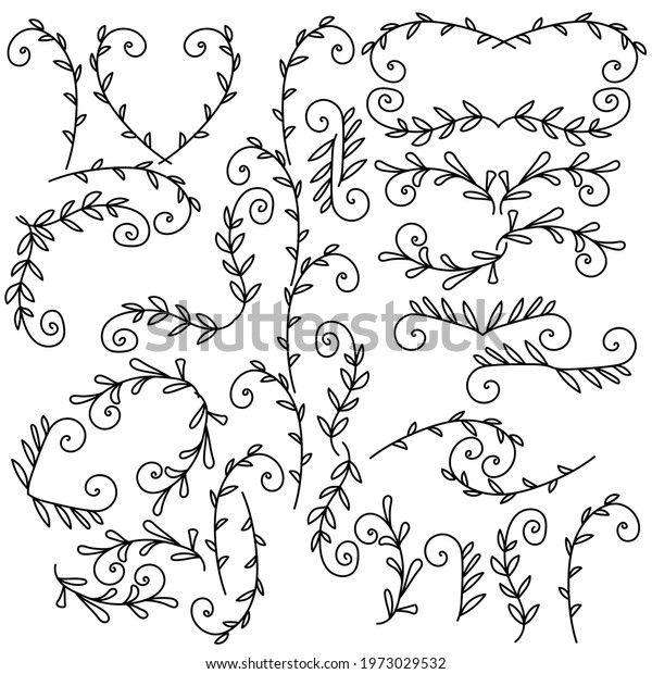 Set of linear decorative elements with leaves and\
curls, doodle leaves in the form of dividers, corners, borders\
vector illustration for\
design